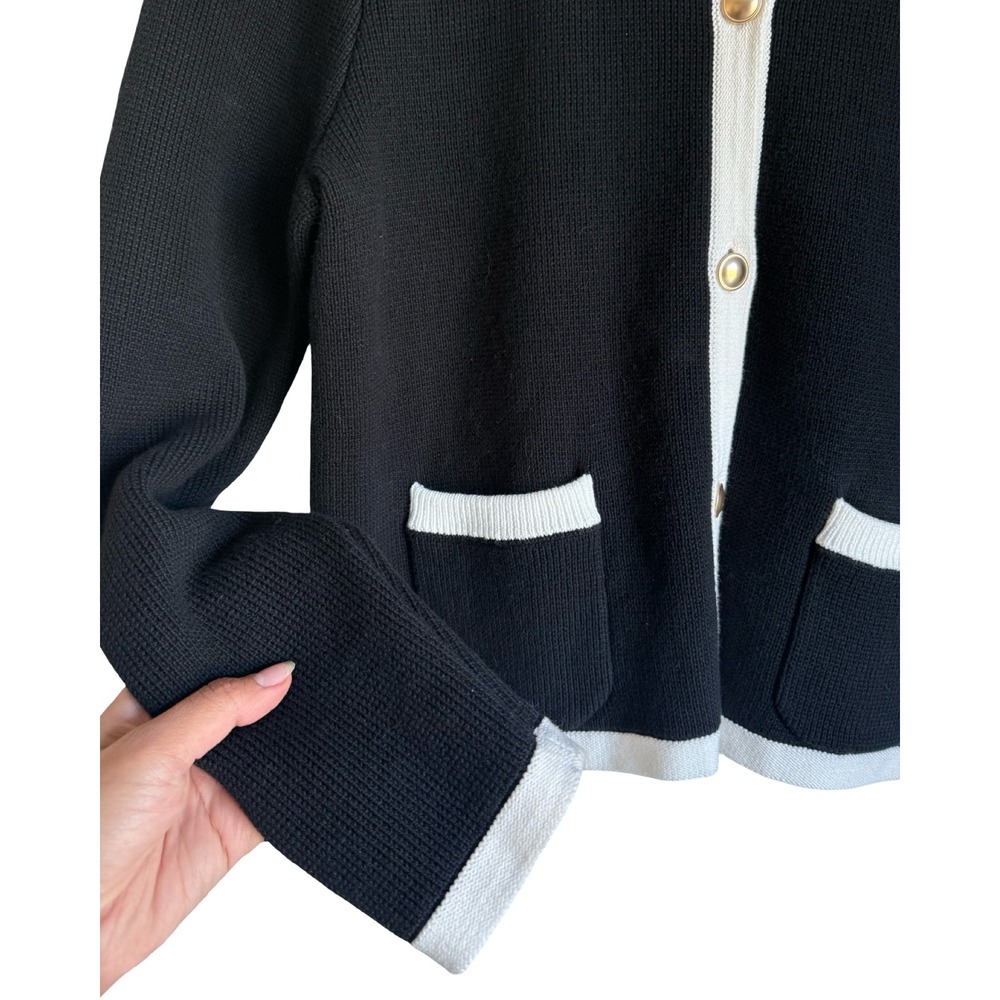 Quince Organic Cotton Contrast Trim Cardigan Black White Gold Button Sweater L - Picture 4 of 6